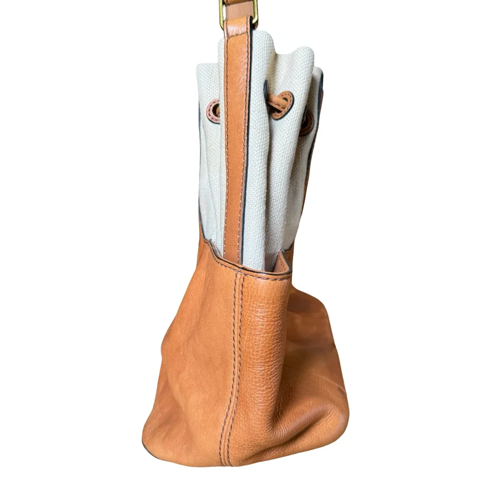 Fossil Leather & Canvas Tan Handbag Shoulder Bag Drawstring Bucket Purse 13x11x6